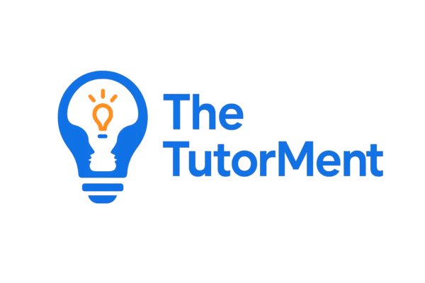 Logo for "The TutorMent" featuring a blue light bulb icon with two abstract human profiles facing each other at the base, forming a speech bubble. Inside the bulb, an orange filament glows. To the right, the company name "The TutorMent" appears in bold, modern blue sans-serif font.